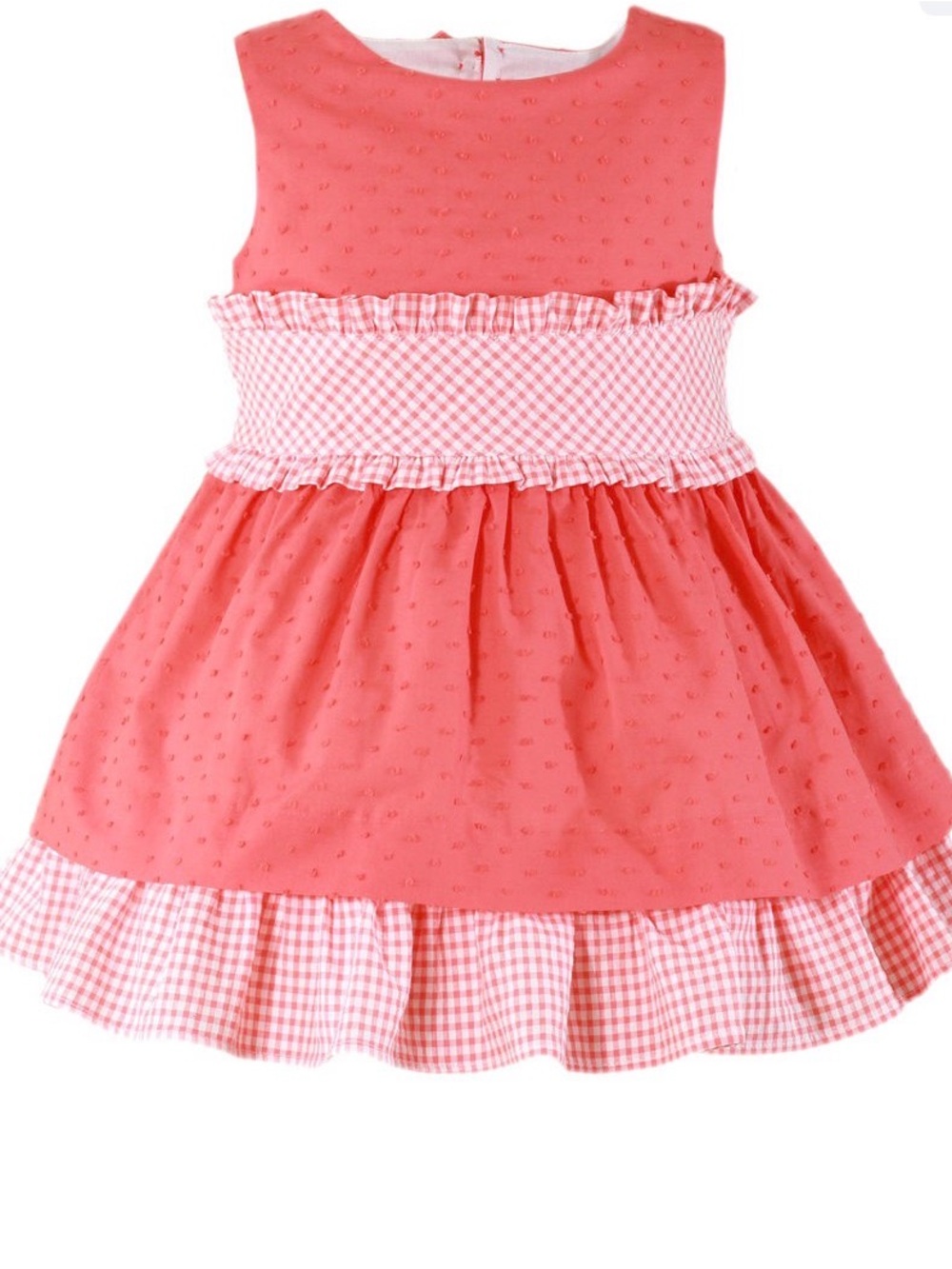 Girls' Coral Pink Gingham Trim Casual Dress